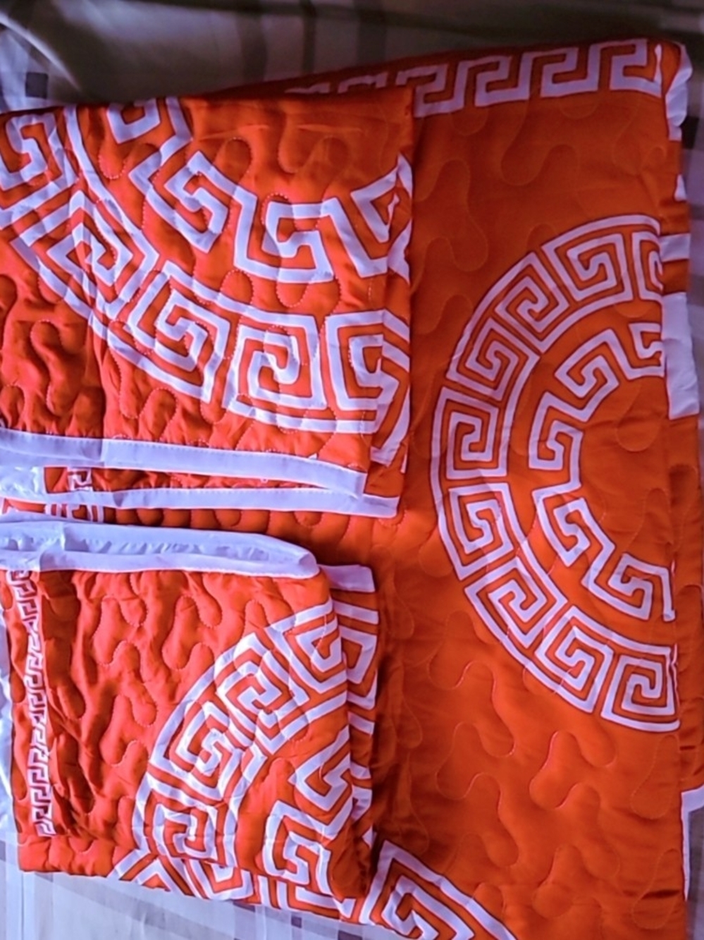 Liliana Orange and White Greek Key Quilt Set